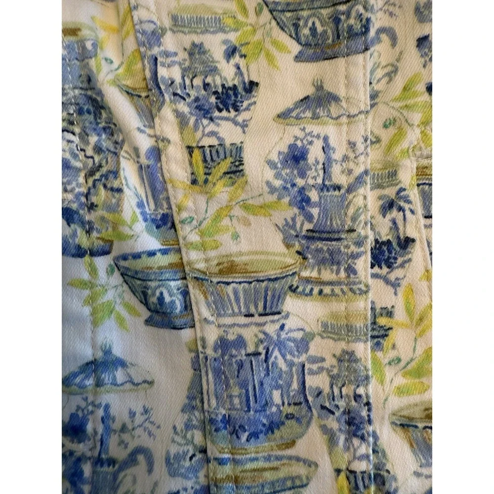 Talbots Printed Jean Jacket XS Blue Green Watercolor Vases Button Front Parisian